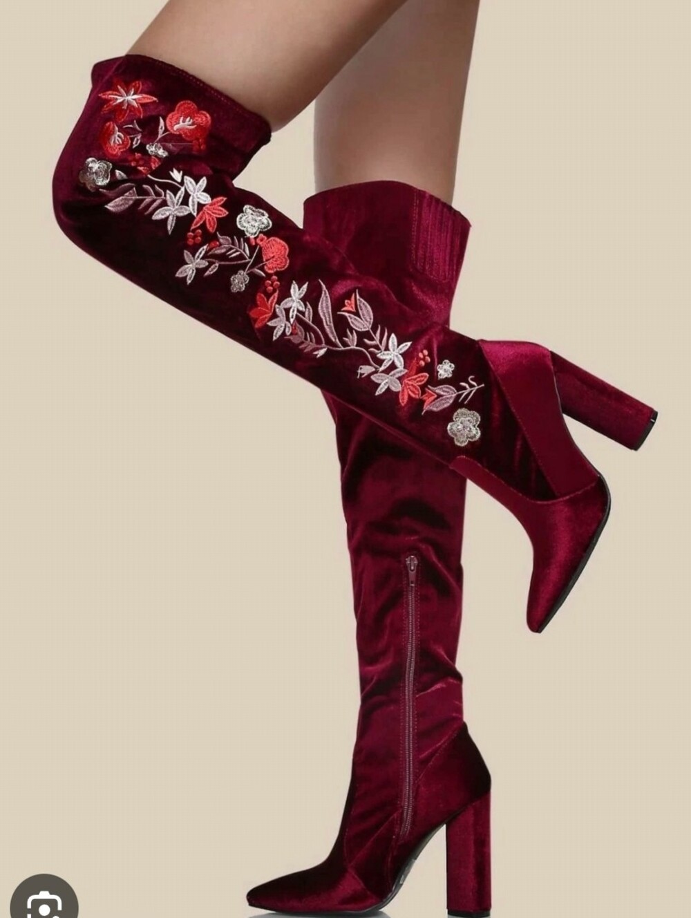 QUPID | Burgundy Velvet Embroidered Thigh High Boots Floral Block Heel Statement - Picture 6 of 6